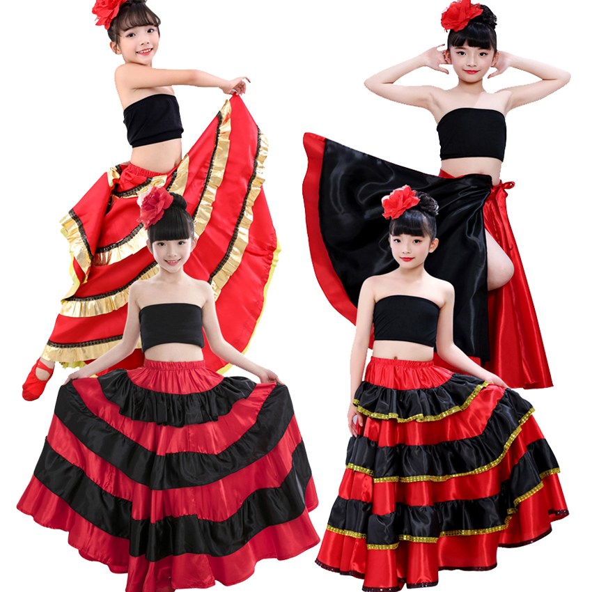 소녀의 플라멩코 스페인어 전통 댄스 복장 집시 스타일 대형 스윙 치마 무대 공연 의상 키즈 밸리 댄스 의상